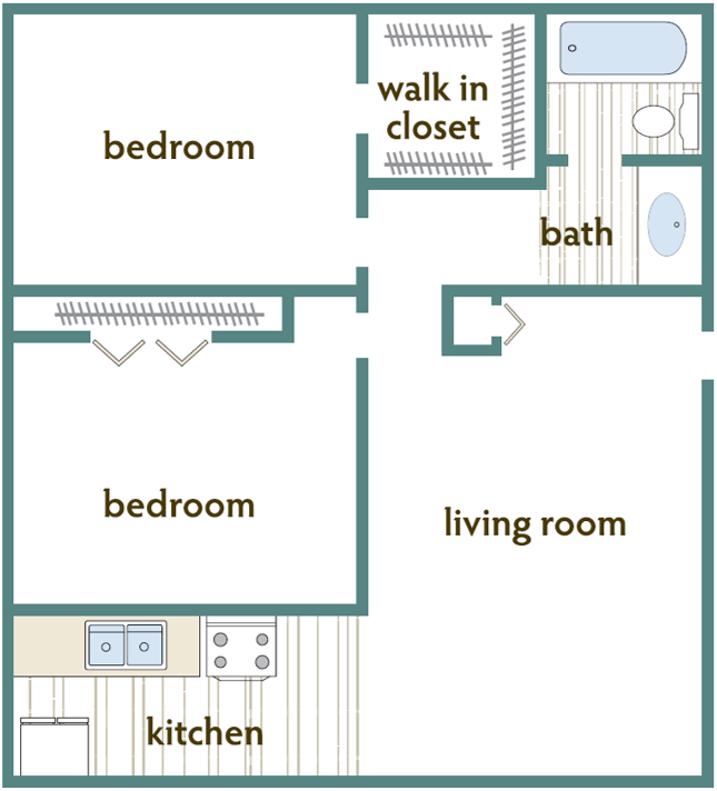 Floor plan for 2 beds, 1 bath, 780 sqft